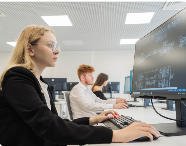 Blonde woman with glasses looking at computer screen